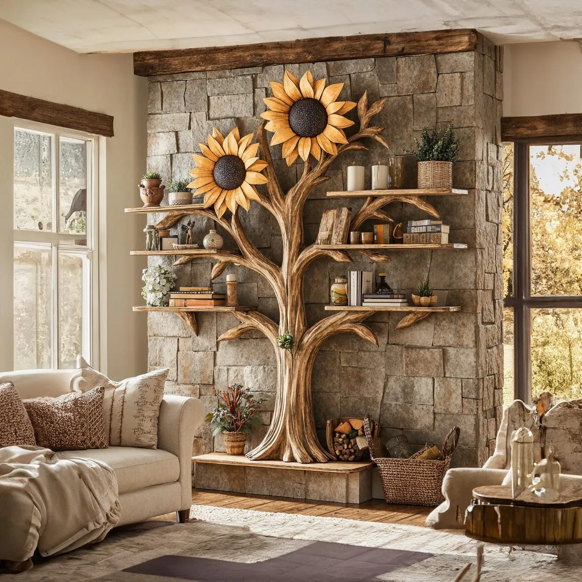 Driftwood Tree Bookshelf – Solid Wood, Wall-Mounted
