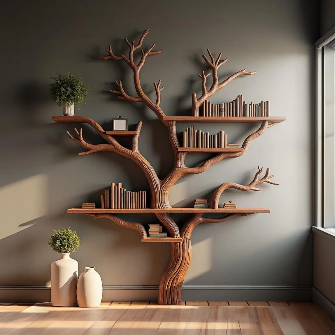 Rustic Tree Bookshelf – Solid Wood, Wall-Mounted