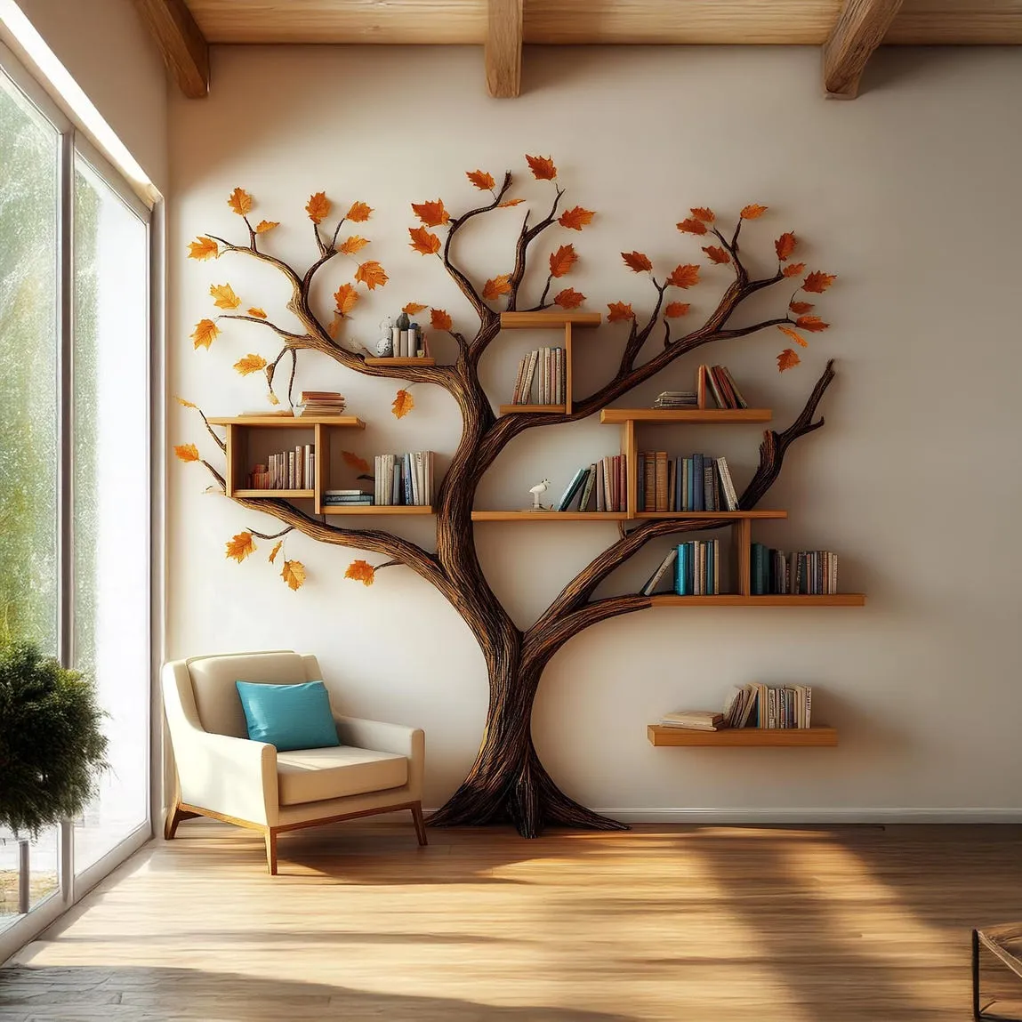 Rustic Tree Bookcase – Handcrafted, Wall-Mounted