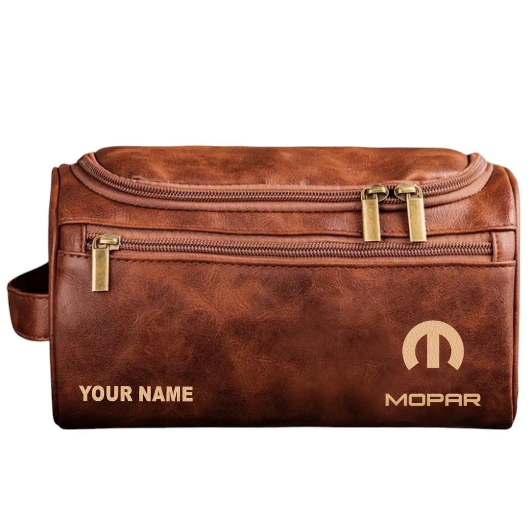 Powertrain Upgrades Leather Toiletry Bag, Motorcycle Fan Leather Bag CAR440 - Red Brown