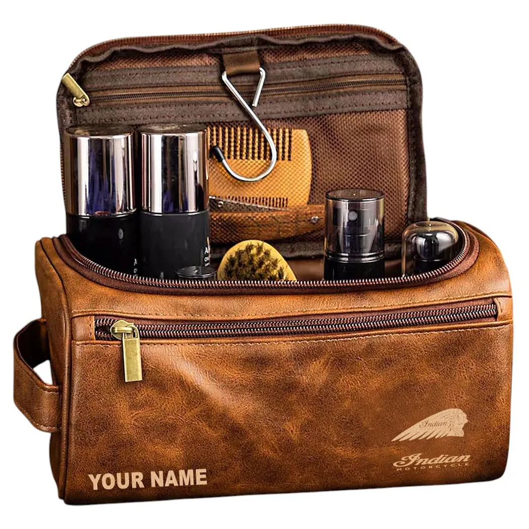 American-Style Motorbike Leather Toiletry Bag, Sleek Leather Travel Pouch CAR441 - Yellow Brown