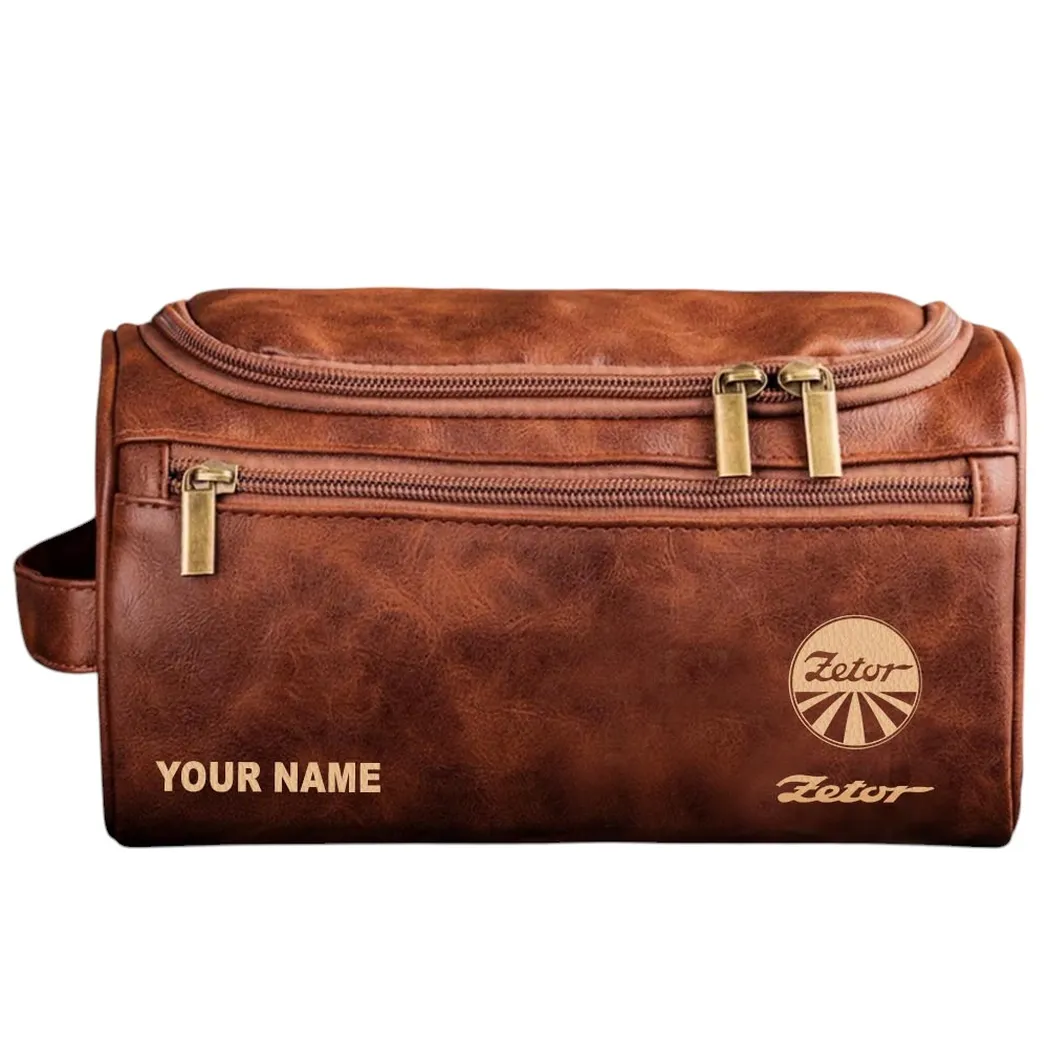 Farm Utility Tractor Leather Toiletry Bag, Car Lover Leather Organizer CAR442 - Red Brown