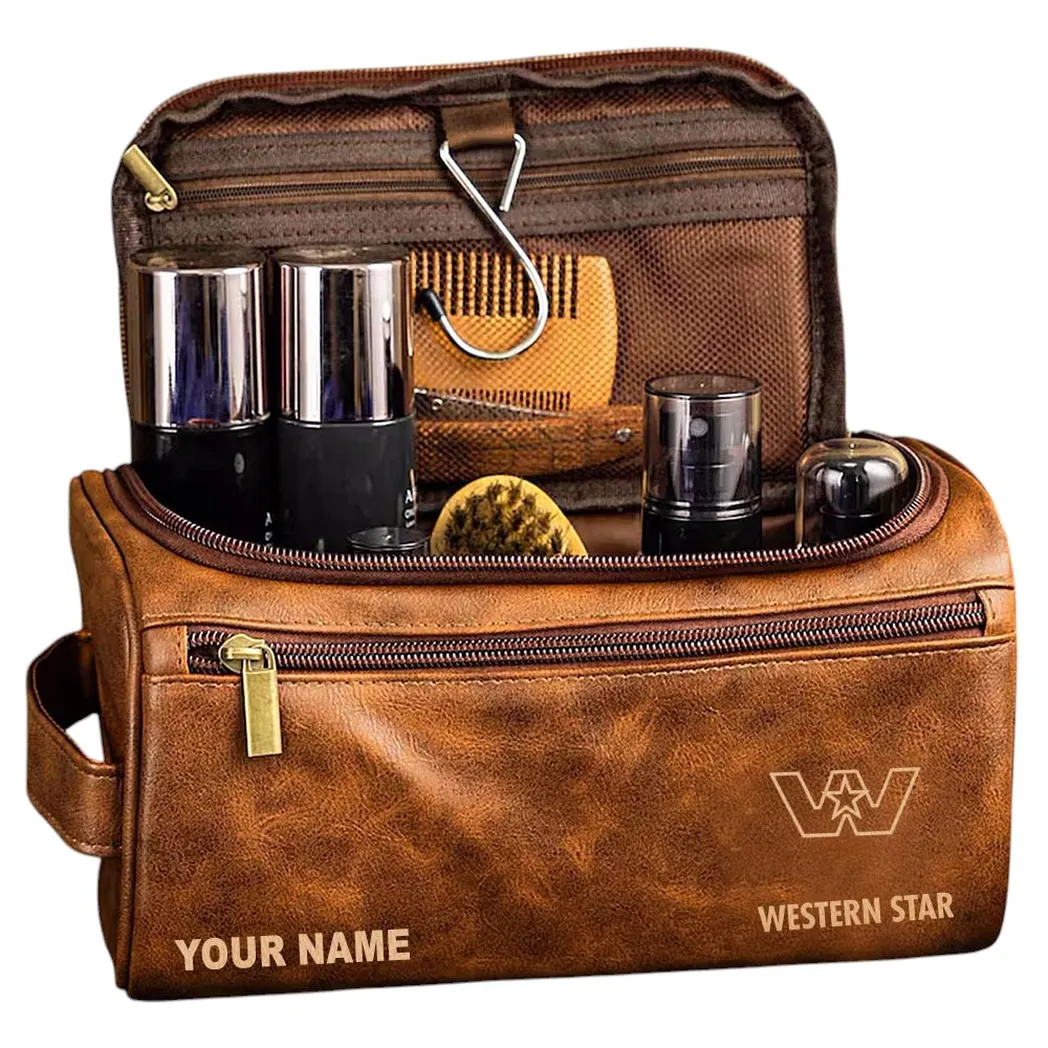 Logistics Truck Leather Toiletry Bag, Durable Leather Travel Kit CAR443 - Yellow Brown
